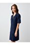 Navy Blue 100% Linen Short Sleeve Button Detailed Jacket Collar Mini Dress - 3