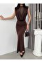 Women's Lace Detailed Degaje Collar Zero Sleeve Long Evening Dress - 3