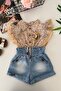 My Little Girl's Floral Patterned Ruffle Sleeve Denim Shorts Set - Beige