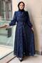 Self-Patterned Watermelon Sleeve Belted Evening Dress