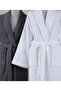 4 Piece Şalyaka Bathrobe Set 100% Certified Cotton, Towel Bathrobe Family Bathroom Set Anthracite White - 8