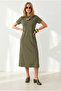 Women's Khaki Crew Neck Pocketed Modal Buttoned Flowy Dress Elb-19002666 - 2