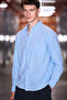 Perttu men's 100% cotton slim fit button-down shirt with a linen-look, flanged collar in blue. - 3
