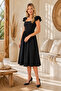 Krepkumaş Shoulder Detailed Square Collar Midi Length Bell Cut Black Dress 125 - 5