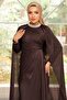 Yoryo Silk Hijab Evening Dress with Stone Detailed Cape on the Collar K. Brown 1247 - 6