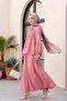 Linen Look Suit with Half Buttoned Sleeves, Elasticated Front, and Tie-Front Skirt - Pomegranate Flower - 4