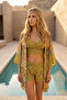 Satin Patterned Three-Piece Set - Kimono & Blouse & Shorts Set - 2