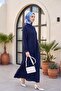 Ribbed Front Half-Buttoned Muslin Dress - Navy Blue - 5