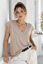 Women's Beige Viscose Front Back V-Neck T-Shirt Bat Sleeve Relaxed Blouse - 2
