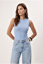 Women's Closed Neck Cotton Blue Straight Sleeve Corded Tank Top - 3