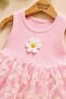 Daisy Patterned Tulle Dress with Ribbed Sleeves, Summer Style, Snap Buttons at the Bottom, Bodysuit for Girls - 3