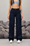 Navy Blue Cargo Pocket Lycra High Waist Wide Leg Trousers