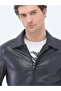 Navy Blue Regular Fit Baby Collar Smart Casual Sheepskin Leather Coat - 5