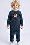 Boy's Tracksuit Set with Cute Hat and Teddy Bear Figure Embroidery, 9 Months-3 Years, Navy Blue Melange - 3