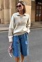 Beige Buttoned Polo Neck Striped Women's Sweater Mg2286