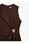 Crepe Fabric Metal Accessory Detailed Draped Sleeveless Crew Neck Long Dress - 7