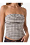 Slim Fit Layered Strapless Plaid Blouse with Gipeli on the Back - 3