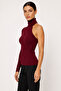 One Shoulder Long Sleeve Burgundy Ribbed Knit Blouse - 5
