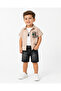 Boy's Front Text Patterned Button Closure Shirt T-Shirt Shorts Necklace Three-Piece Beige Color Set - 2