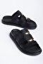 Della Women's Black Leather Gold Detailed Poly Sole Slippers - 2