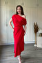 Asymmetrical Midi Red Dress with Draped Shoulders and Waistline - 8
