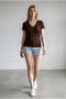 Women's Stone Embellished Stretchy Modal Fabric V-Neck Short Sleeve Brown Blouse - 5