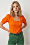 Women's Orange U-Neck Short Sleeve Textured Blouse Blz-19003341