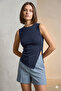 Women's Navy Blue Modal Ribbed Fabric Zero Neckline Side Button Detailed Asymmetrical Sleeveless Blouse