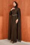 Brown Gathered Front Stone Lace Evening Dress - 4