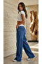 Ribbed Navy Blue Beli White Elastic Waist Wide Leg Palazzo Jean Trousers Without Lycra - 4