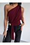 Women's Burgundy One-Shoulder Belted Buckle Sandy Fabric Blouse