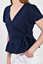 Women's Side Tie Elastic Sleeve Blouse - Navy Blue - 4
