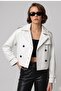 White Leila Double-Breasted Buttoned Short Trench Coat Women's Genuine Leather Jacket - 2