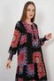 Women's Round Neck Gathered Waist Floral Patterned Viscose Red Dress - 2