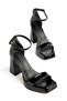 Matilda Black Patent Leather Platform Open Toe Thick Heeled Shoes