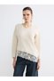Ecru V-Neck Lace Detailed Women's Knitwear Sweater