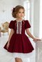 Girl's Chest Ruffle Lace and Ribbon Detail Clown Collar Stone Detail over Balloon Sleeves Burgundy Dress - 5