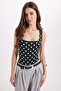 Women's standard fit regular cut strappy u-neck polka dot snap crotch black bodysuit