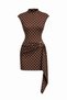 Polka Dot High Neck Dress with Buckle Detail and Belted Gathering - Black and White - Sevde Ugur