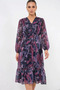 Women's V-Neck Gathered Waist Patterned Chiffon Dark Lilac Dress - 4