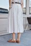 Women's Patterned Voile Lined High Waist Leather Belted Side Pocket Pleated Midi Length Skirt-Stone Polka Dots - 4