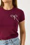 Women's Pearl Bow Crew Neck Crop Blouse Burgundy - 4