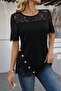 Women's Short Sleeve Lace Detailed Side Buttoned Waffle Blouse - 3