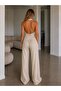 Women's Beige Backless Tie-Back Blouse and Wide-Leg Pants Summer Set - 3