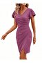 Women's Long Sleeve Ruffled Double-Breasted Collar Side Ruched Imported Crepe Dress - 3