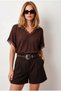 Women's Brown V-Neck Flowy Summer Knitwear Blouse Blz-19003365 - 2
