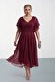 Women's Burgundy V-Neck Glittery Plus Size Flared Evening Dress