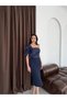 Navy Blue One-Shoulder Draped Detailed Midi Evening Dress - 3