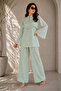 -Mint Green Textured Co-Ord Set with Ruffle Detail & Flared Sleeves - 2