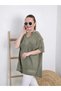 Women's Khaki Mesh Detailed Pocketed Cotton Linen Loose Bohemian Pinterest V-Neck Short Sleeve Blouse Tunic - 2